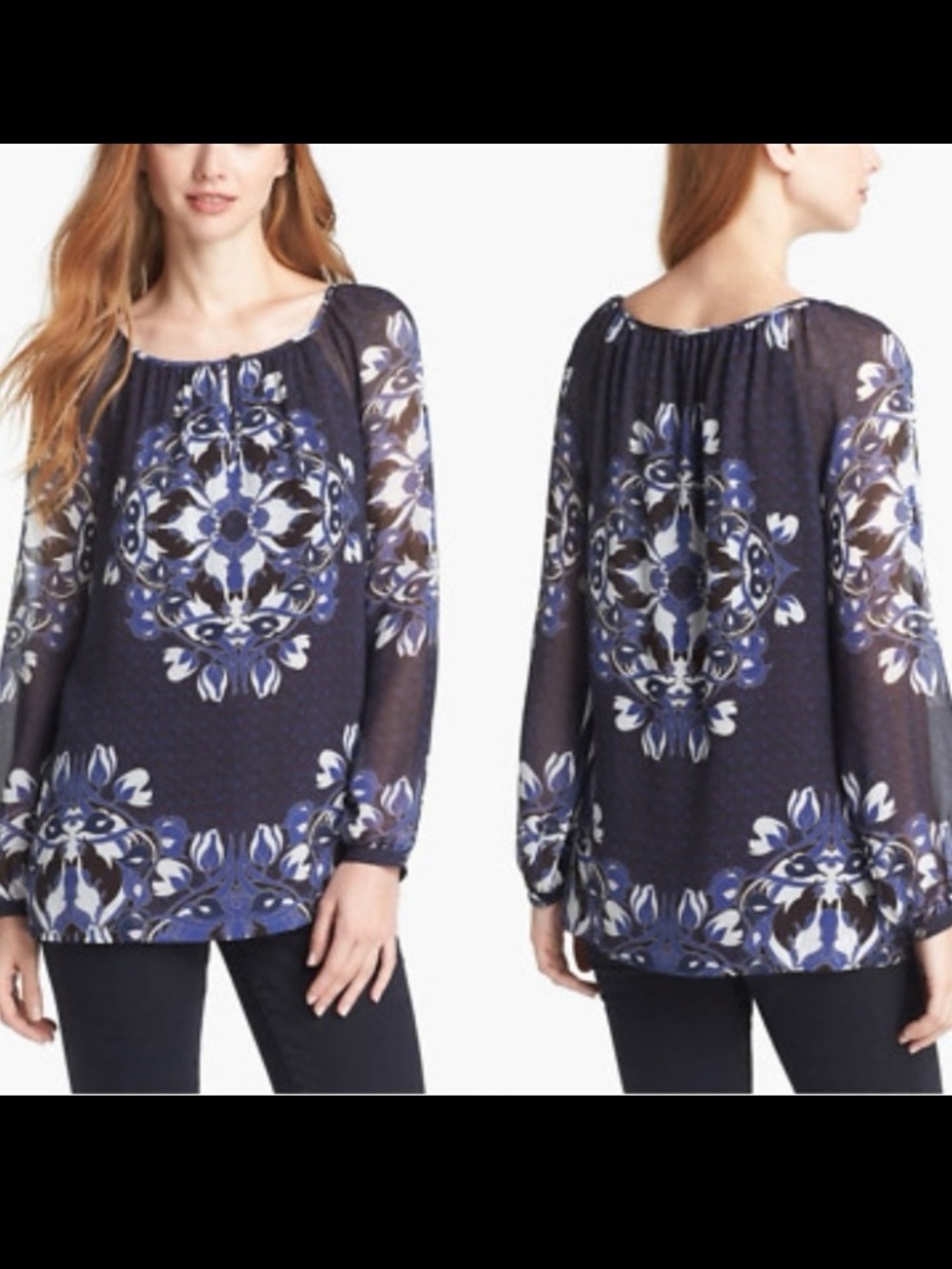 Tory Burch Lisa Silk Blouse Blue Floral Medallion Keyhole Back Sz 4